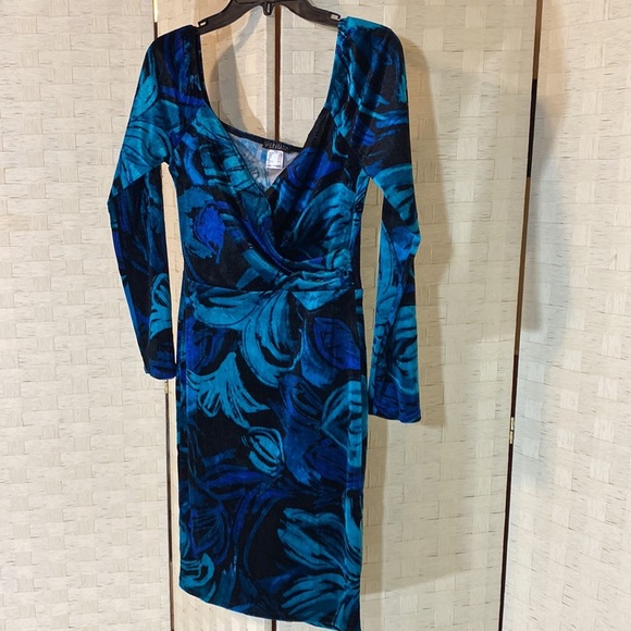 VENUS DRESS BLUE GREEN BLACK BODYCON LONG SLEEVED COCKTAIL DRESS V NECK … - Picture 8 of 13